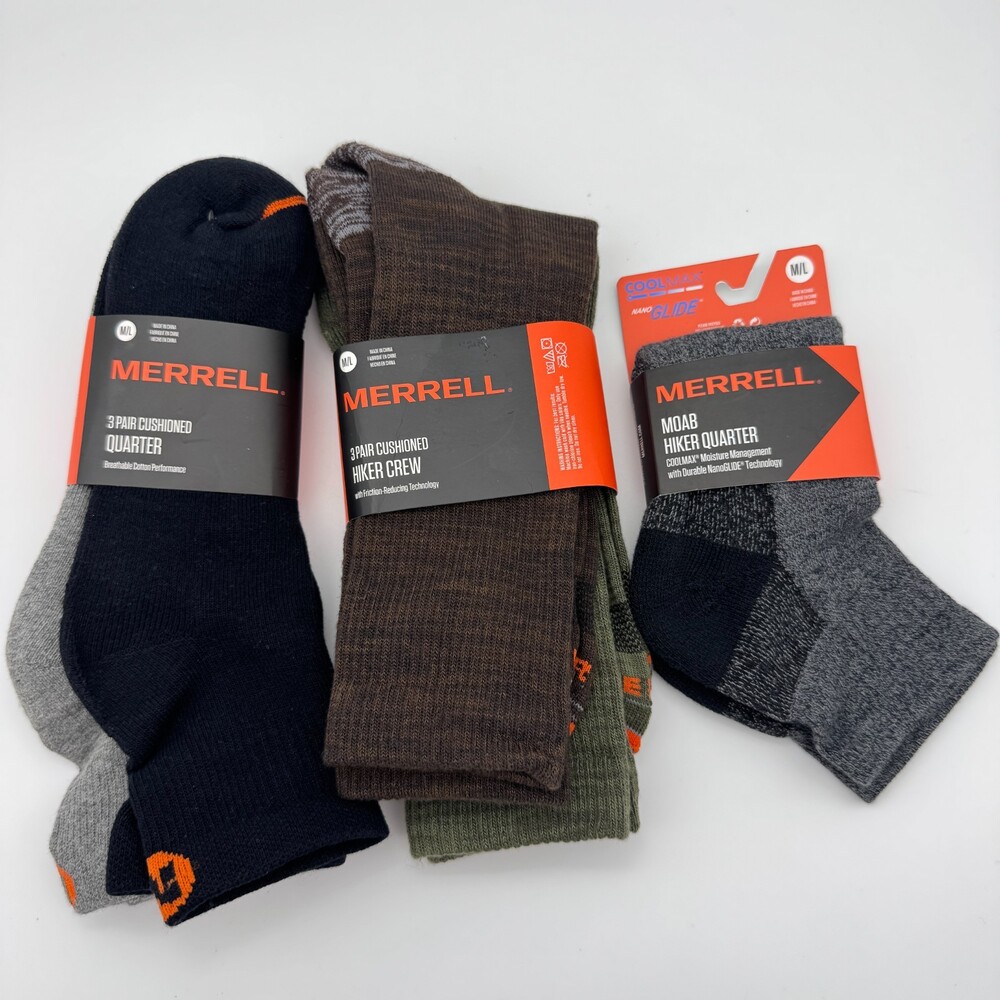 Merrell Socks M/L Hiker Crew Quarter Cushioned Coolmax Hiking Outdoor Bundle NEW